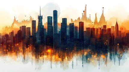 Fototapeta premium abstract representation of market trends with cityscape bar charts ,upward graph indicating growth ,analysis