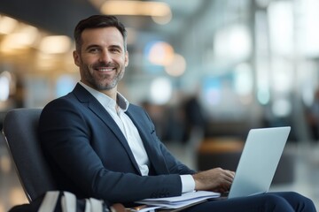 Businessman in a dark suit working on a laptop at an airport lounge, his luggage underfoot, exudes professionalism within a brightly lit and stylish terminal space.