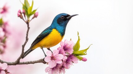 Fototapeta premium Blue and Yellow Bird Perched on Pink Blossoms