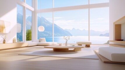 A modern living room with sleek furniture, large windows letting in natural light, and minimalistic decor in neutral tones, creating a cozy yet contemporary space.