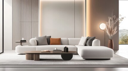 A modern, plush sofa in a minimalist living room with neutral tones, soft lighting, and cozy textures for a relaxing space.