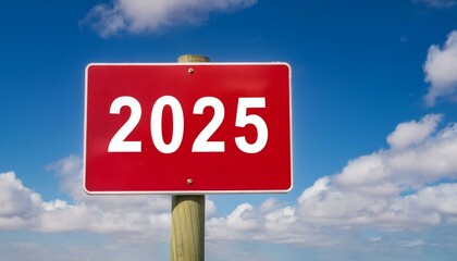 Text 2025 on red sign against blue sky 