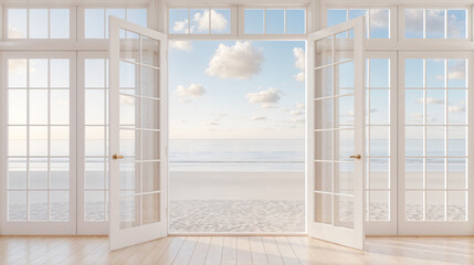 Mock-up of white door opening to the sea view background,Idea of vacation,freedom - 3D rendering