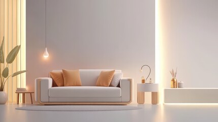 A plush, modern couch in a minimalist living room, surrounded by sleek furniture and soft lighting, creating a cozy and inviting space.