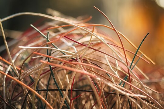 A close-up view of numerous thin, elongated strands, possibly straws or twigs