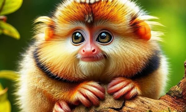 a Pygmy Marmoset monkey is in a tree with a funny face