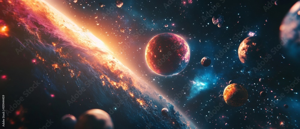 Wall mural a colorful space scene with a large planet in the center