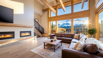 Fototapeta premium A rustic-style living room with a leather sofa, wooden beams, and warm-toned decor, creating a cozy, inviting atmosphere.