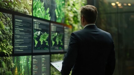 A businessman planning for environmental protection, reviewing ESG charts for a sustainable future on an eco-friendly paper display
