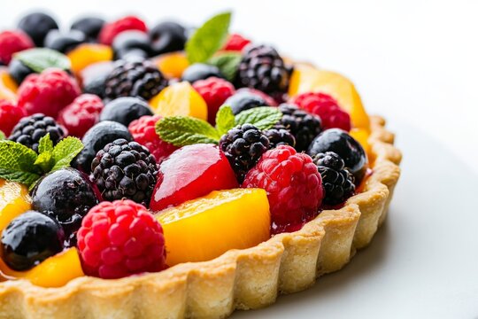 This image captures a mixed berry tart topped with colorful, fresh fruits and a crisp crust, representing joy, celebration, and the art of gourmet cuisine.