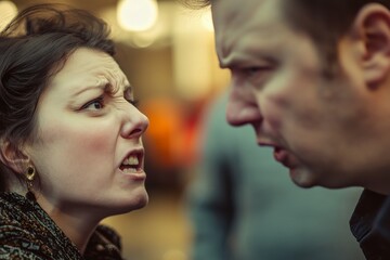 In a setting filled with tension, a woman and man are locked in a fierce argument, their faces showing anger and frustration, highlighting human conflict vividly.