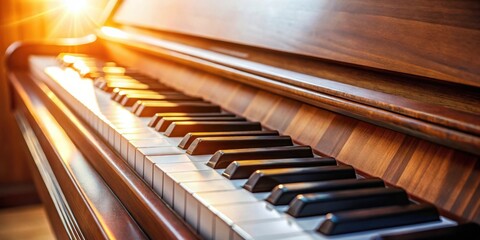 Warm and Inviting Wooden Piano Close Up with Sunlight Highlighting Keys