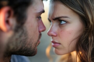 In a close-up shot, a couple stares intensely at each other, their expressions highlighting a heated moment, indicating conflict or a passionate exchange.