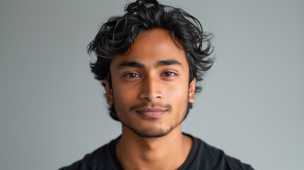 Fototapeta premium headshot of an attractive young indian man, wearing black shirt, facing the camera