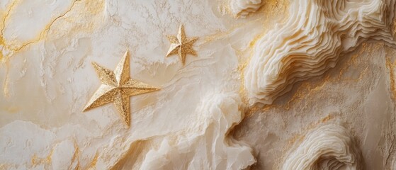 A gold and white background with two stars and a wave