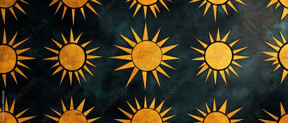 Poster a series of yellow suns are arranged in a pattern on a blue background