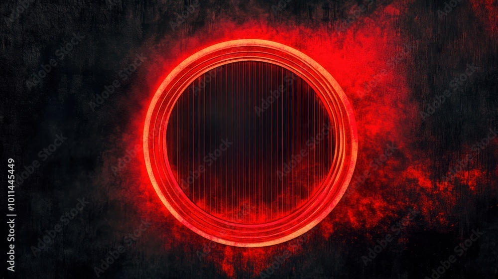 Poster abstract red circular design with vertical lines and smoky background.