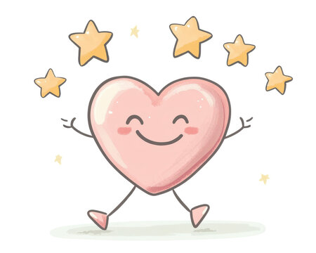 Happy heart character with stars, cute illustration.