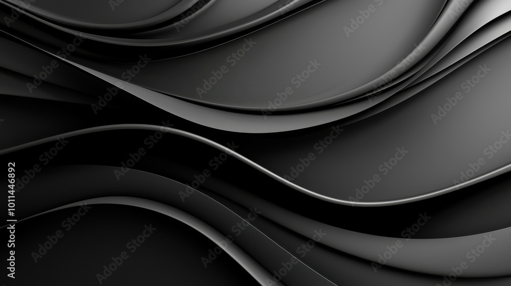 Poster abstract black background with soft, flowing waves and gradients, creating an elegant, minimalistic 