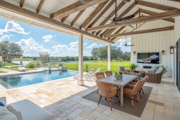Large covered porch with white ceiling and beams, dining table, and lake view, showcasing modern farmhouse aesthetic near a pool.