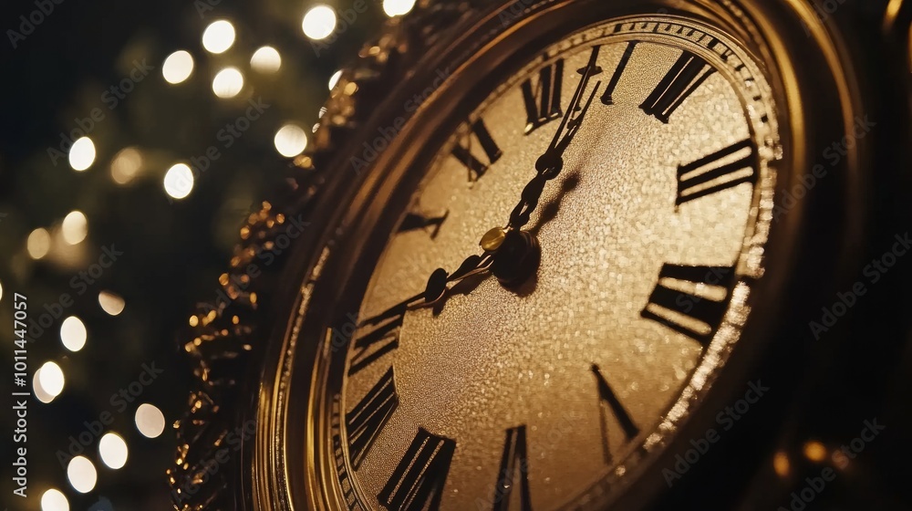 Poster a gold clock with roman numerals showing the time of 11:30
