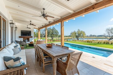 Fototapeta premium Large covered porch with white ceiling and beams, dining table, and lake view, showcasing modern farmhouse aesthetic near a pool.