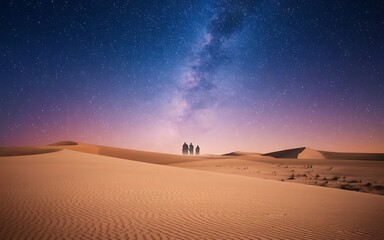 Obraz premium A starry night sky over a desert landscape. The Milky Way Galaxy is visible in the distance with the silhouettes of three trees in the foreground.