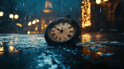 A clock is laying on the ground in the rain