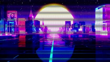 Retro-Futuristic Neon Cityscape Landscape with Glitch Effects and CRT LCD Scanlines - Powered by Adobe