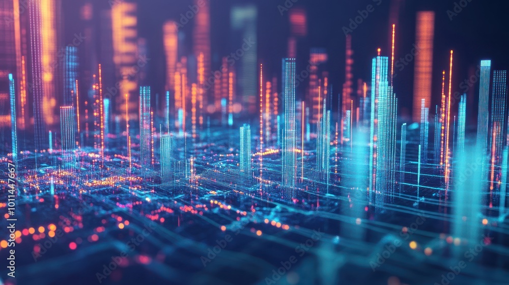 Poster abstract digital landscape with glowing data visualizations and vibrant colors.