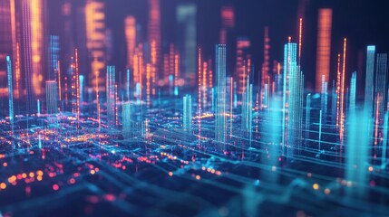 Abstract digital landscape with glowing data visualizations and vibrant colors.