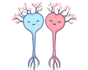 Fototapeta premium Cute heart-shaped plants with smiling faces and colorful leaves.