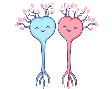 Cute heart-shaped plants with smiling faces and colorful leaves.