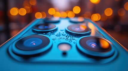 A close-up of a smartphone's camera lens, with soft background lighting highlighting the sleek design of the device 
