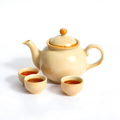 teapot and cups of tea on a white background, isolated