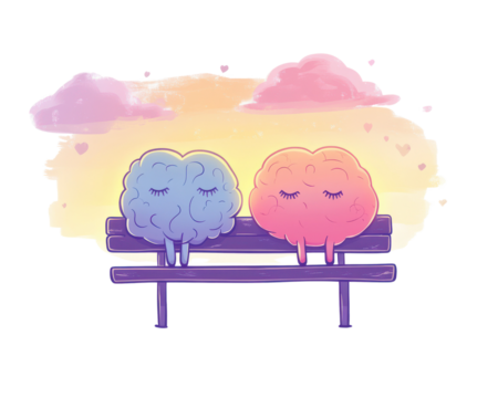 Two cartoon brains on a bench, pastel colorful background