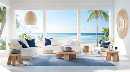 Coastal-inspired living room with light, airy furniture, nautical decor, and large windows overlooking the ocean, creating a serene retreat.
