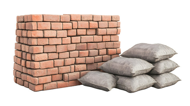 A neat stack of red bricks with gray cement bags arranged beside them. The bricks have clean lines and smooth surfaces, while the cement bags have a slight bulge and fold