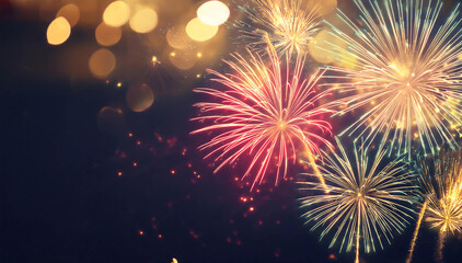 Fototapeta premium Colorful firework with bokeh background. New Year celebration, Abstract holiday background