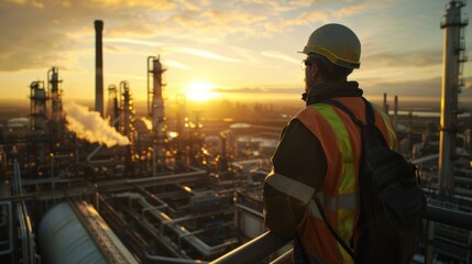Worker in safety gear watches sunset over industrial site with pipes and towers, capturing the beauty of a hard day’s work.