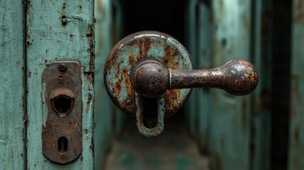 A close-up of an old, rusted door handle in a dark hallway, with shadows creeping along the walls and muted lighting adding a sense of suspense