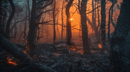 Obraz premium Misty Forest at Dusk: Flames Glow Amidst the Silent Trees