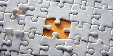 A close-up view of a white jigsaw puzzle with one piece missing, revealing an orange background beneath