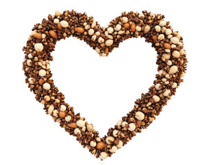 Obraz premium Heart shape made of various nuts and seeds on a white background