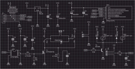 Vector pattern of electronic components and conductors. Connection of peripheral devices to microcontroller. Electrical computer cad
schematic diagram with resistor, capacitor,
integrated circuit.