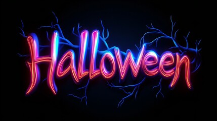 Neon Halloween sign with spooky branches in the background.