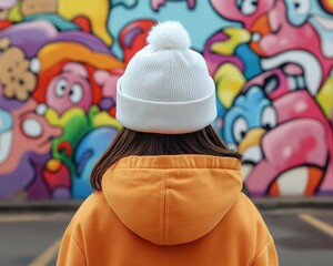 A Charming Girl in a Casual Outfit Stands Before a Vibrant Urban Mural, Exuding Street Style Charm Her White Beanie Complements Her Orange Hoodie, Creating a Striking Contrast Against the Colorful