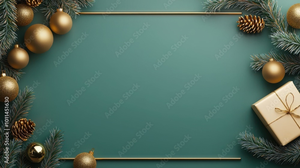 Poster festive christmas frame mockup with fir branches and golden baubles, framing an empty space for addi