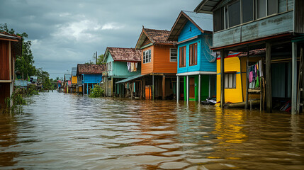Fototapeta premium Quaint Village Partially Submerged in Floodwaters
