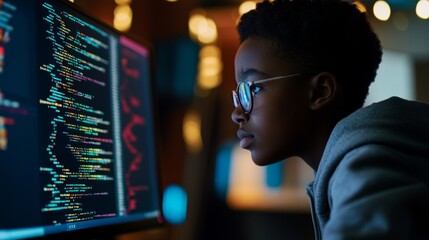 A Black school pupil studying coding at a computer, focusing on digital skills in education. Promoting inclusivity in learning about AI and cyber security